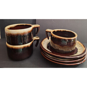 3 VTG Pfaltzgraff Gourmet Brown Drip Flat Cup & Saucer Sets